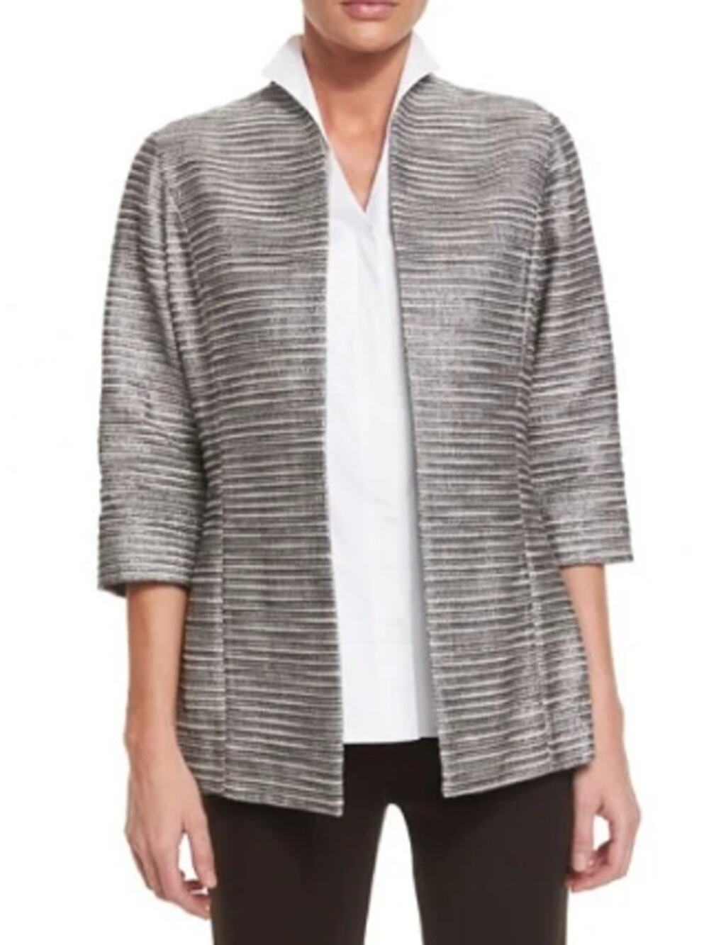 Misook Silver Linings Metallic Stripe Cotton Swing Open Front Jacket Women XL